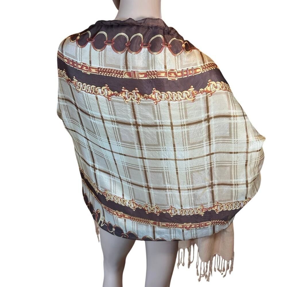 Equestrian Chain Motif 100% Silk Long 58”L x 25.5”W Gold Cowgirl Western Scarf - Picture 4 of 11